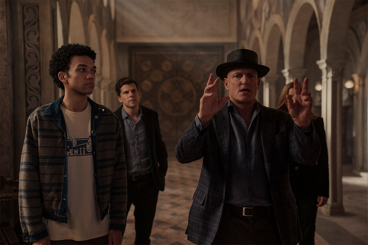 Justice Smith as Charlie, Jesse Eisenberg as Daniel Atlas, and Woody Harrelson as Merrit McKinney in Nomad. Photo Credit: Katalin Vermes Justice Smith as Charlie, Jesse Eisenberg as Daniel Atlas, and Woody Harrelson as Merrit McKinney in Nomad. Photo Credit: Katalin Vermes