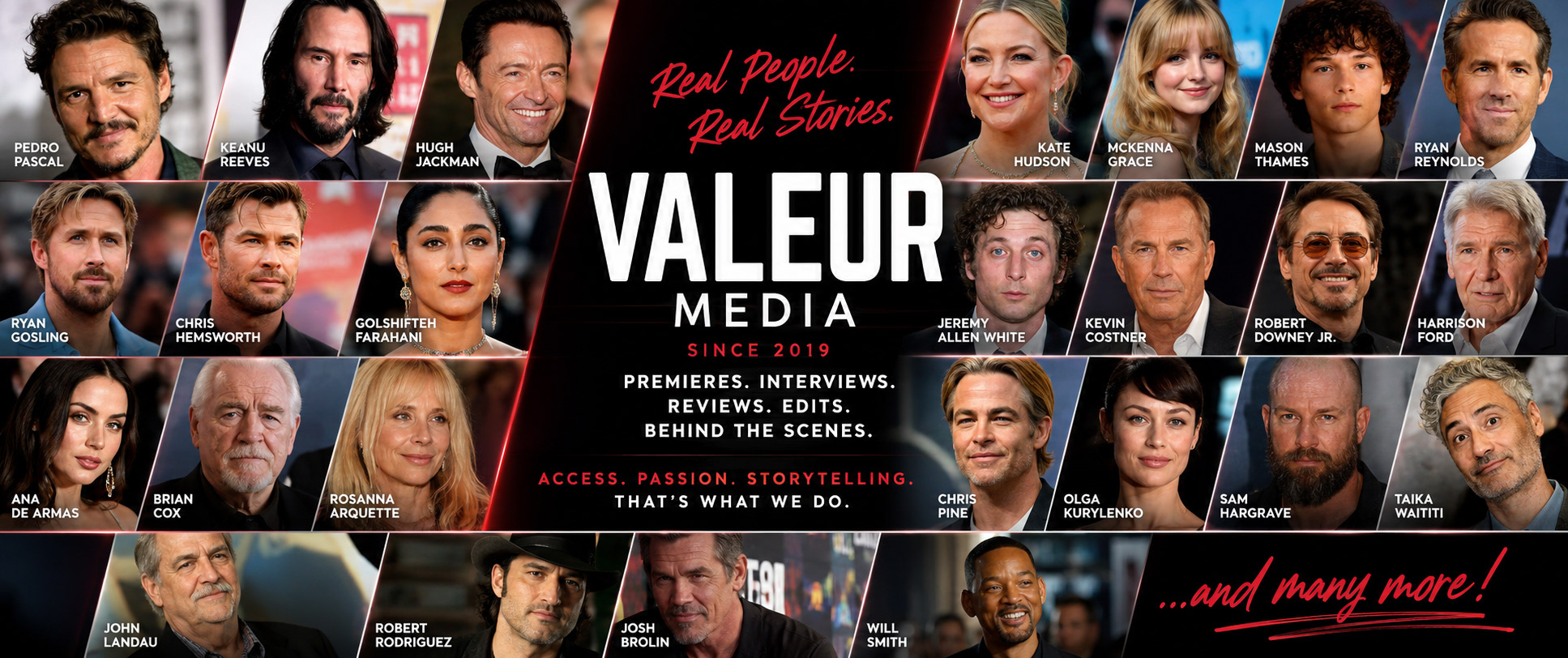 VALEUR MEDIA featured Premiers with Pedro Pascal, Keanu Reeves, Hugh Jackman, Kate Hudson, Mckenna Grace, Mason Themes, Ryan Reynolds und Ryan Gosling, Chris Hemsworth, Golshifteh Farahani, Jeremy Allen White, Kevin Costner, Robert Downey Jr., Harrison Ford, Ana de Amas, Brian Cox, Rosanna Arquette, Chris Pine, Olga Kurylenko, Sam Hagrave, Taika Waititi, John Landau, Robert Rodrigues, Josh Brolin, Will Smith